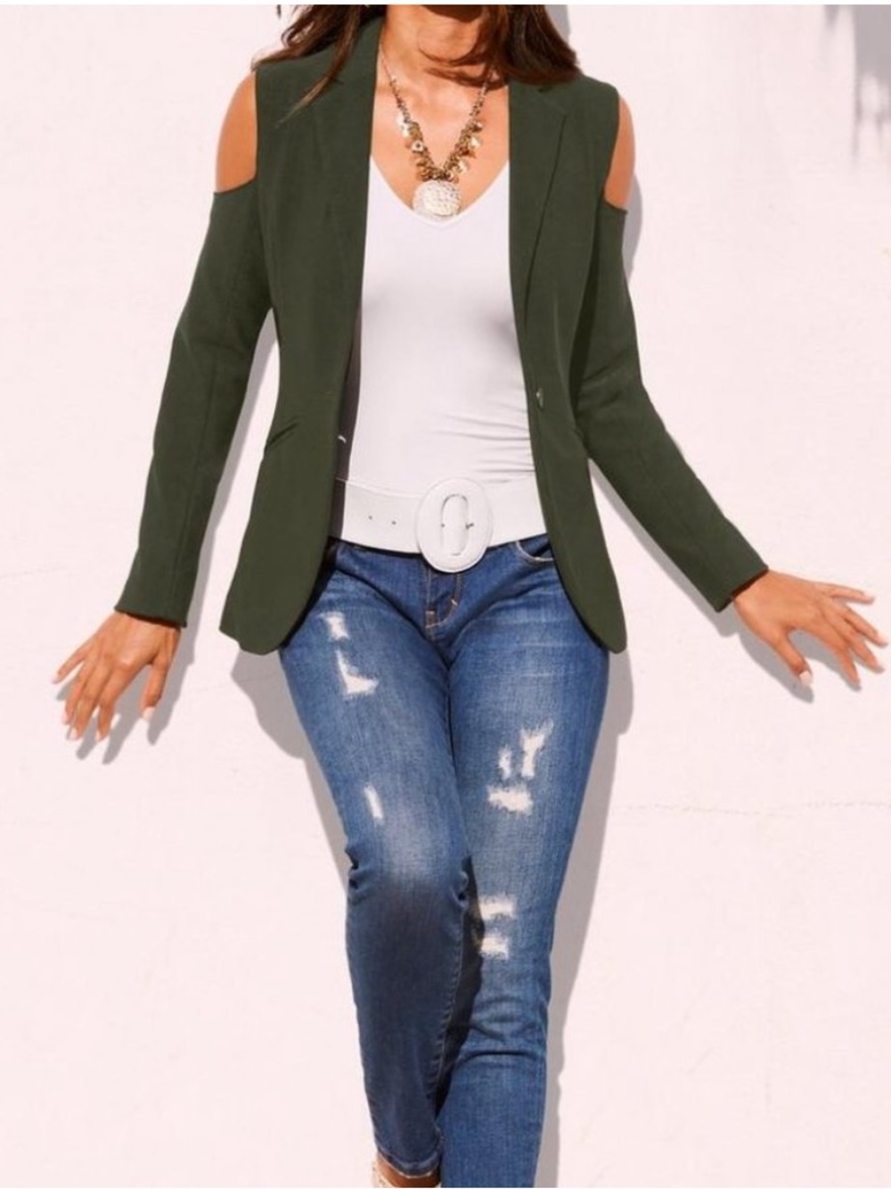 Boston Proper Cold Shoulder Olive Green One Button Blazer/Jacket Size 6